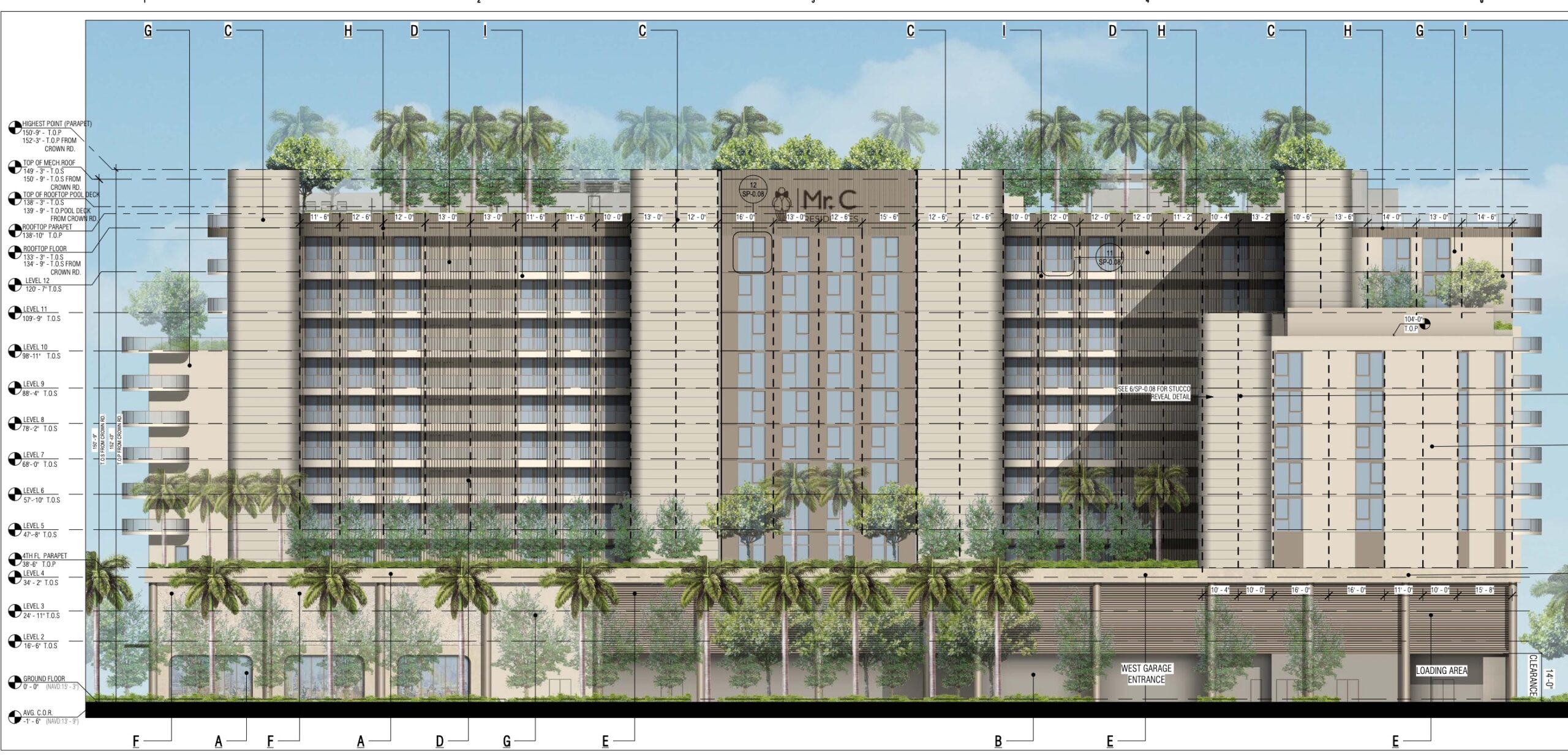 The elevation of the development.