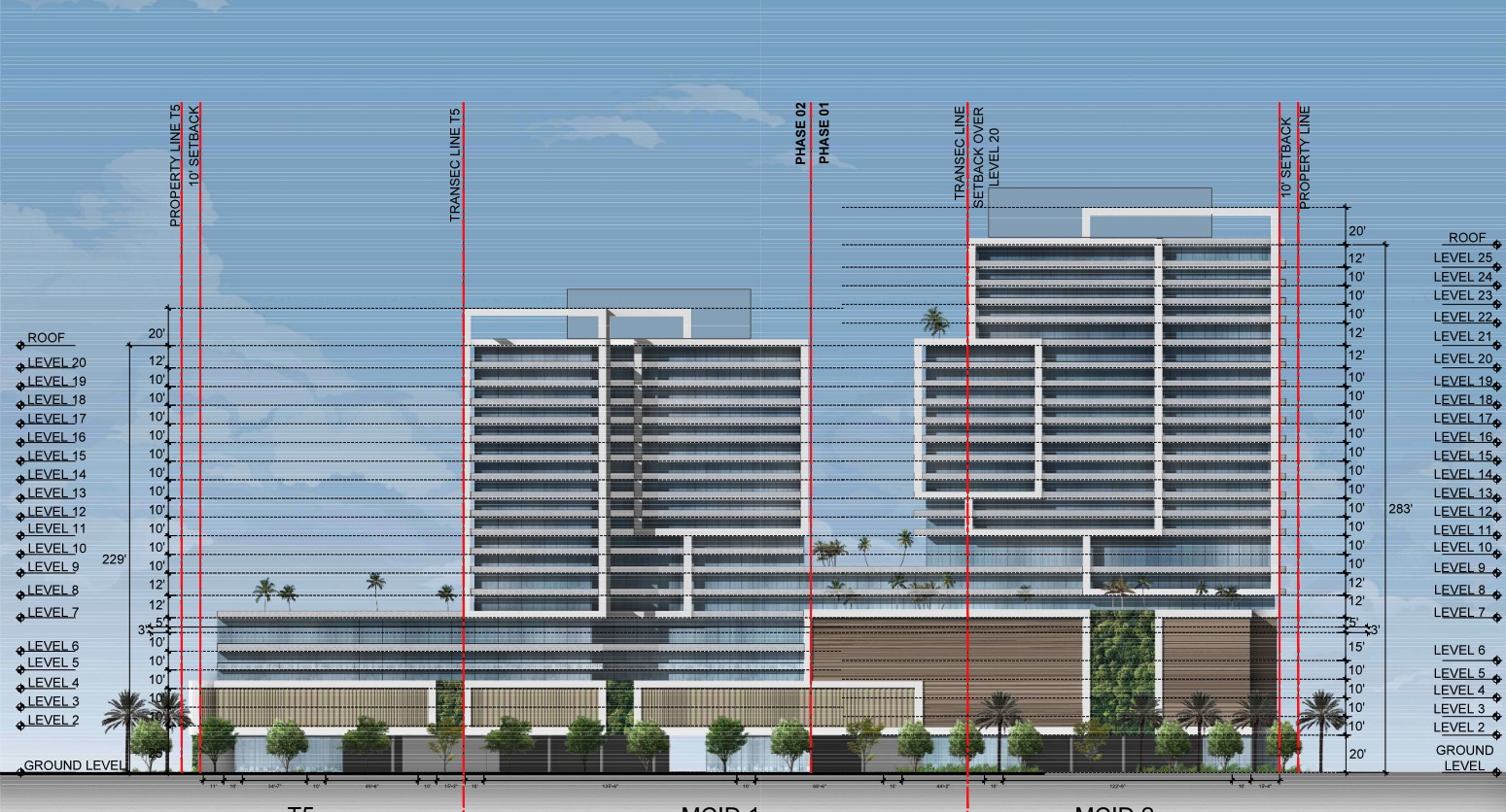 Elevations of the two towers. One will rise 249 feet and the other 303 feet to the architectural top (or 259 and 313 to the tallest point.