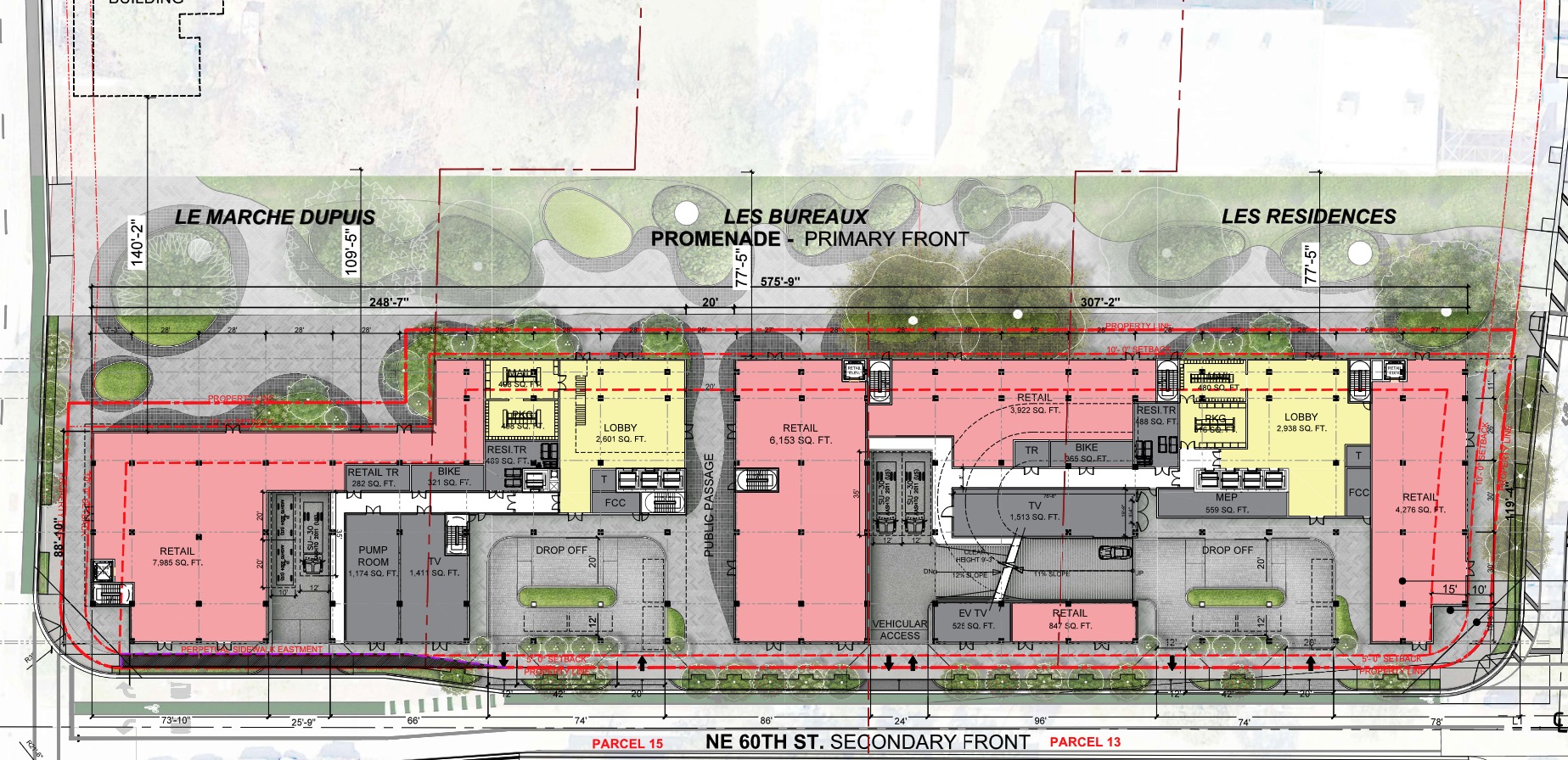 Site plan of the development, featuring the Les Bureaux Promenade and retail.