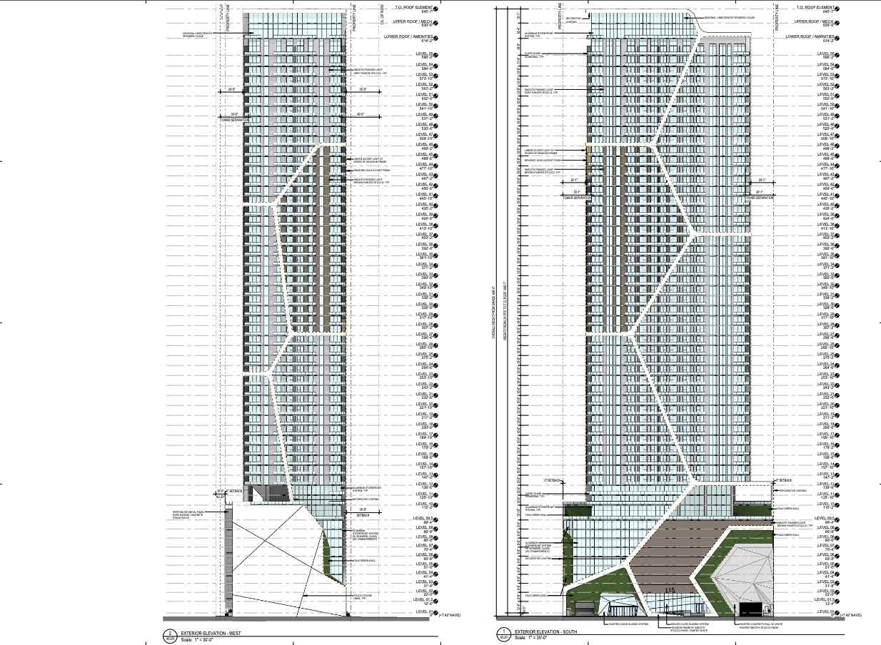 West and south elevations of the towering structure.